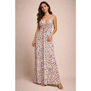 NWT S. M Leopard Print Maxi Dress Spaghetti Strap Tie Front Flwy Summer Boho#G39